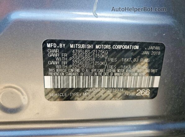 JA4AD2A37JZ039334 2018 MITSUBISHI OUTLANDER Gray VIN კოდის სტიკერის ხედი