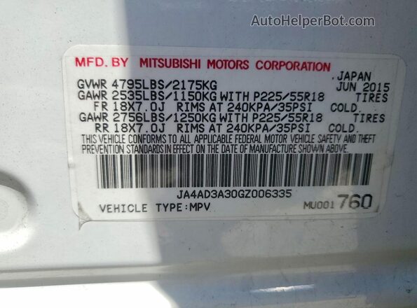 JA4AD3A30GZ006335 2016 MITSUBISHI OUTLANDER White VIN კოდის სტიკერის ხედი