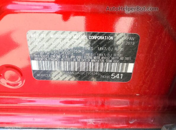 JA4AD3A30LZ008340 2020 MITSUBISHI OUTLANDER Red ძრავის განყოფილების ხედი