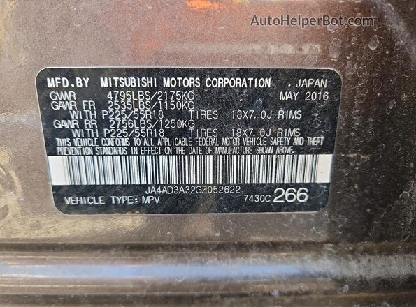JA4AD3A32GZ052622 2016 MITSUBISHI OUTLANDER Tan ძრავის განყოფილების ხედი