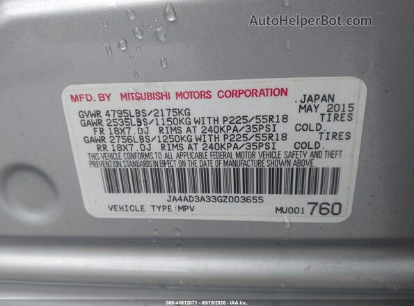 JA4AD3A33GZ003655 2016 MITSUBISHI OUTLANDER Silver Widok komory silnika