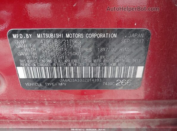 JA4AD3A33JZ014193 2018 MITSUBISHI OUTLANDER Красный Вид подкапотного пространства