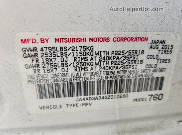 JA4AD3A34GZ010680 2016 MITSUBISHI OUTLANDER Белый Вид наклейки с VIN-кодом