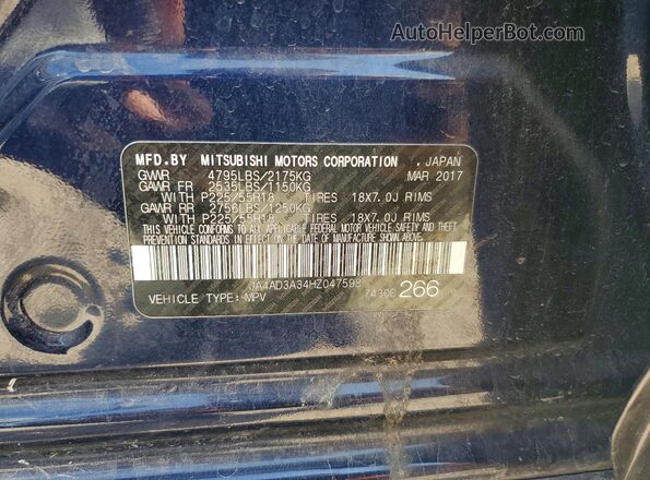 JA4AD3A34HZ047598 2017 MITSUBISHI OUTLANDER Blue VIN კოდის სტიკერის ხედი
