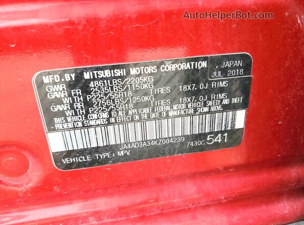 JA4AD3A34KZ004239 2019 MITSUBISHI OUTLANDER Red Սալոնի 360 աստիճան տեսք