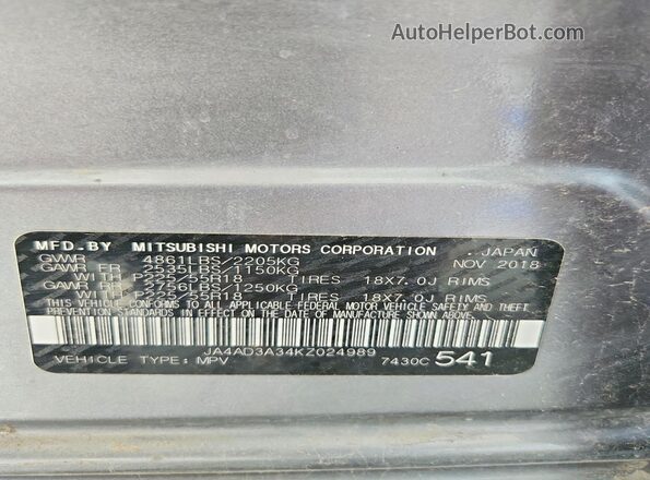 JA4AD3A34KZ024989 2019 MITSUBISHI OUTLANDER Silver Widok naklejki z numerem VIN