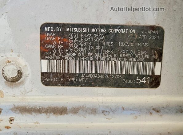 JA4AD3A34LZ042703 2020 MITSUBISHI OUTLANDER White VIN sticker view