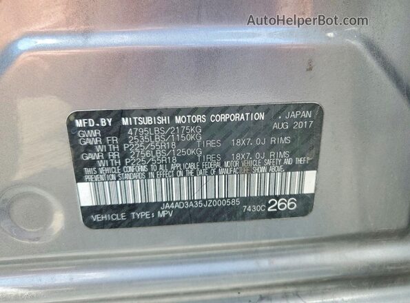 JA4AD3A35JZ000585 2018 MITSUBISHI OUTLANDER Silver VIN კოდის სტიკერის ხედი