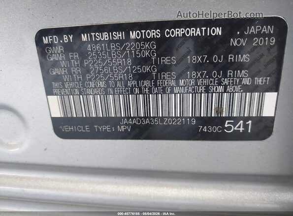 JA4AD3A35LZ022119 2020 MITSUBISHI OUTLANDER Gray Вид підкапотного простору