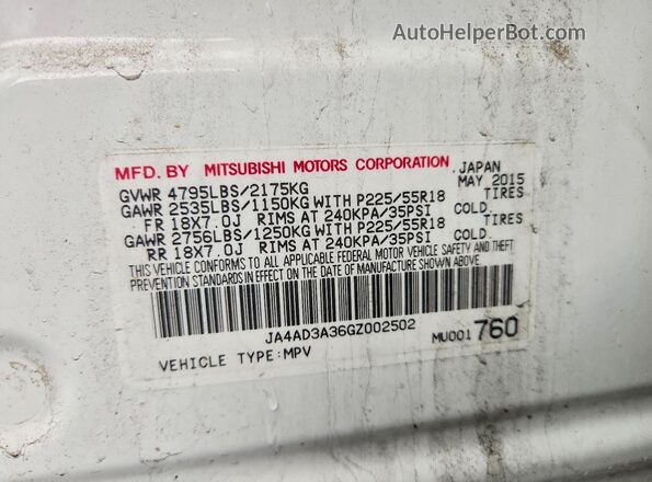 JA4AD3A36GZ002502 2016 MITSUBISHI OUTLANDER White Widok naklejki z numerem VIN