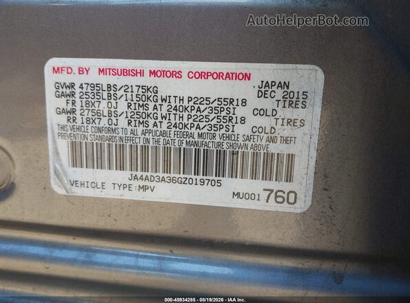 JA4AD3A36GZ019705 2016 MITSUBISHI OUTLANDER Gray Engine compartment view