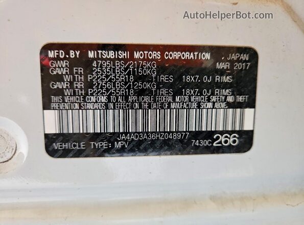JA4AD3A36HZ048977 2017 MITSUBISHI OUTLANDER Белый Вид наклейки с VIN-кодом