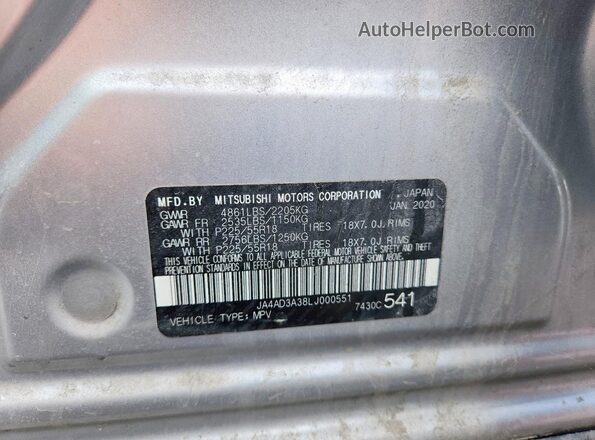 JA4AD3A38LJ000551 2020 MITSUBISHI OUTLANDER Silver VIN კოდის სტიკერის ხედი