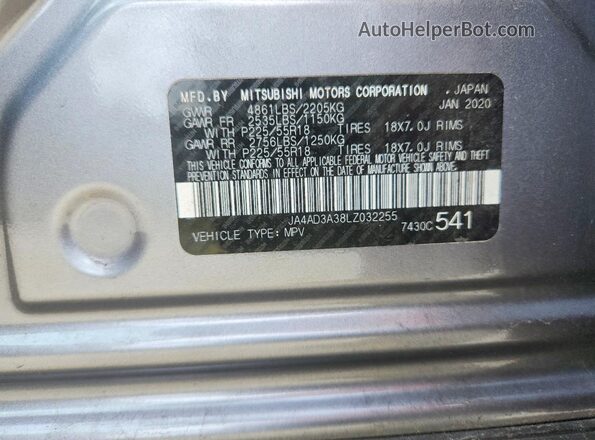 JA4AD3A38LZ032255 2020 MITSUBISHI OUTLANDER Серый Вид наклейки с VIN-кодом
