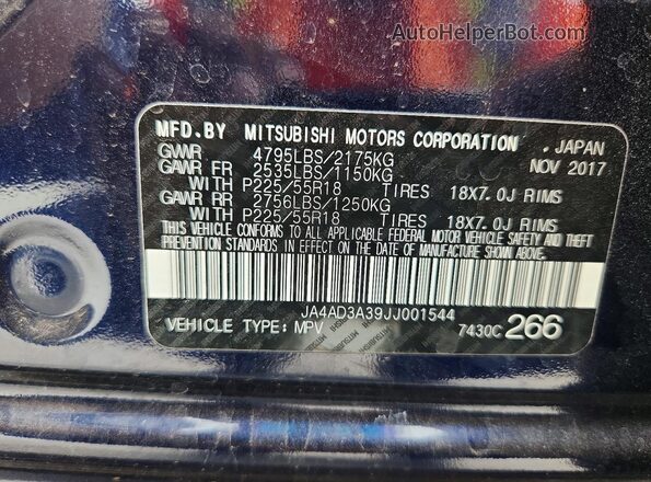 JA4AD3A39JJ001544 2018 MITSUBISHI OUTLANDER Blue Widok naklejki z numerem VIN