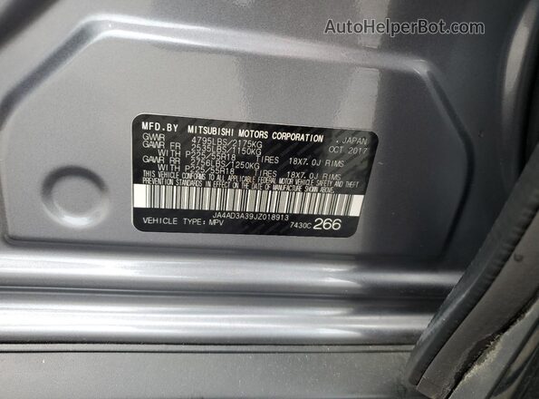 JA4AD3A39JZ018913 2018 MITSUBISHI OUTLANDER Gray VIN կոդի պիտակի տեսք