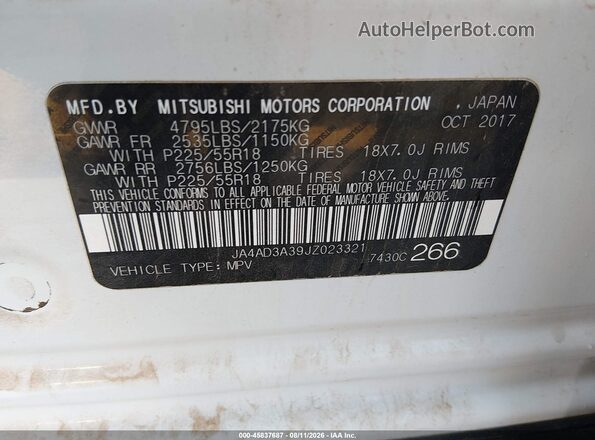 JA4AD3A39JZ023321 2018 MITSUBISHI OUTLANDER White Շարժիչի բաժամունքի տեսք