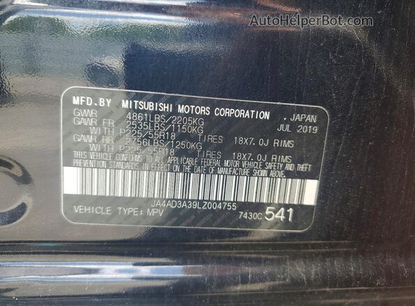 JA4AD3A39LZ004755 2020 MITSUBISHI OUTLANDER Black Vista de la etiqueta del VIN