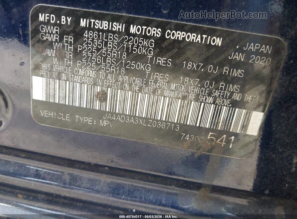JA4AD3A3XLZ036713 2020 MITSUBISHI OUTLANDER Blue ძრავის განყოფილების ხედი