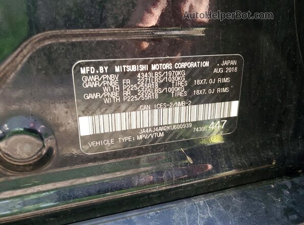 JA4AJ4AW2KU600939 2019 MITSUBISHI RVR Black Вид наклейки з VIN-кодом