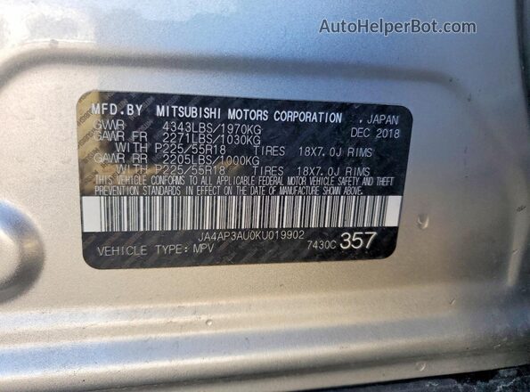 JA4AP3AU0KU019902 2019 MITSUBISHI OUTLANDER Silver VIN կոդի պիտակի տեսք