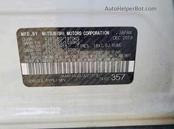 JA4AP3AU0LU021019 2020 MITSUBISHI OUTLANDER White Vista de la etiqueta del VIN