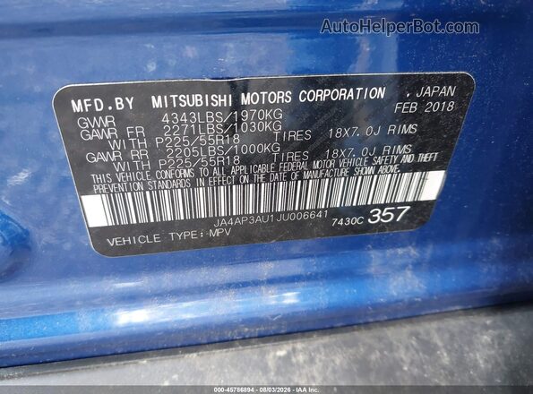 JA4AP3AU1JU006641 2018 MITSUBISHI OUTLANDER SPORT Blue Engine compartment view