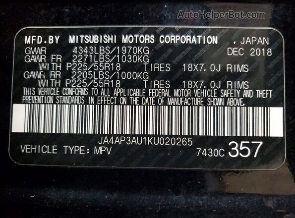 JA4AP3AU1KU020265 2019 MITSUBISHI OUTLANDER Black VIN კოდის სტიკერის ხედი