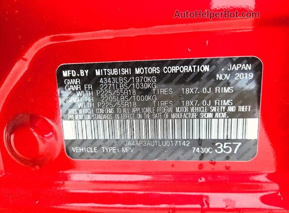 JA4AP3AU1LU017142 2020 MITSUBISHI OUTLANDER Red Вид наклейки з VIN-кодом
