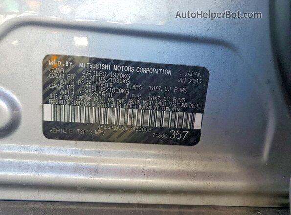JA4AP3AU2HZ033652 2017 MITSUBISHI OUTLANDER Серебряный Вид наклейки с VIN-кодом