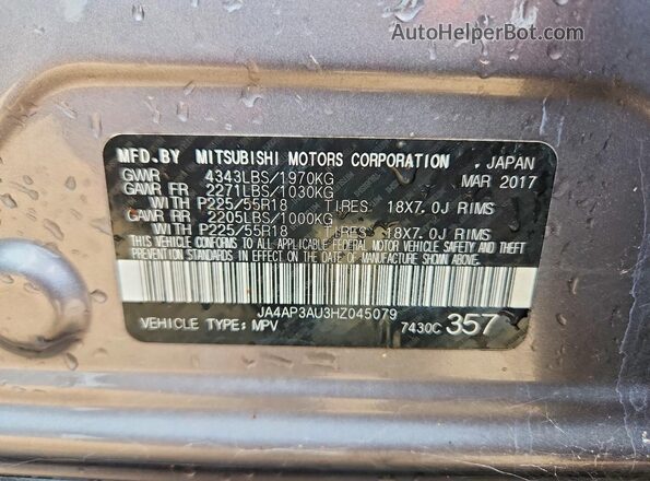 JA4AP3AU3HZ045079 2017 MITSUBISHI OUTLANDER Gray Вид наклейки з VIN-кодом