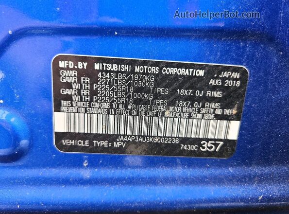 JA4AP3AU3KU002236 2019 MITSUBISHI OUTLANDER Blue 