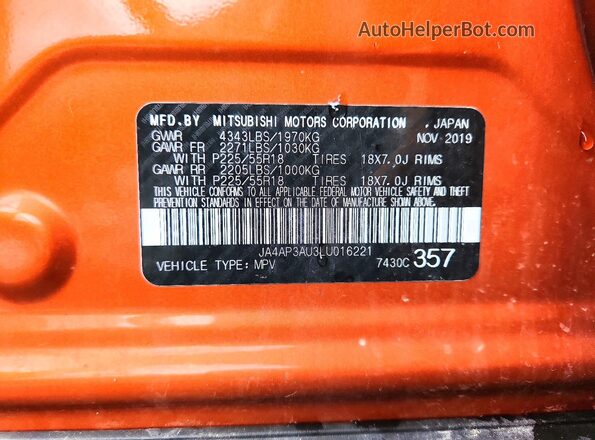 JA4AP3AU3LU016221 2020 MITSUBISHI OUTLANDER Orange Vista de la etiqueta del VIN