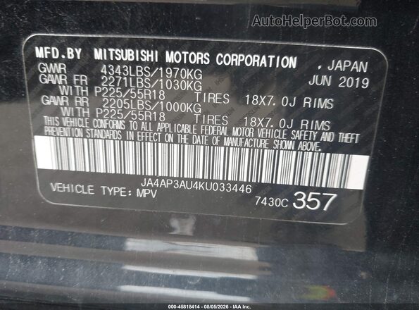JA4AP3AU4KU033446 2019 MITSUBISHI OUTLANDER SPORT Black ძრავის განყოფილების ხედი