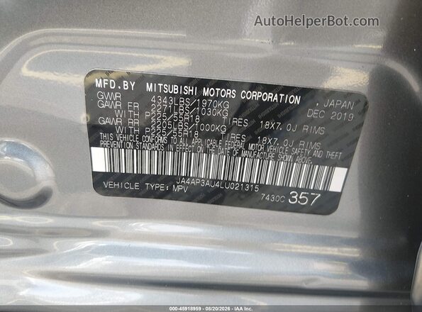 JA4AP3AU4LU021315 2020 MITSUBISHI OUTLANDER SPORT Gray Вид підкапотного простору
