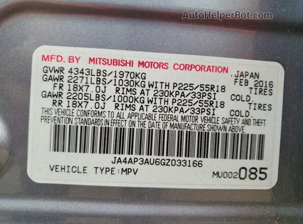 JA4AP3AU6GZ033166 2016 MITSUBISHI OUTLANDER Silver Widok naklejki z numerem VIN