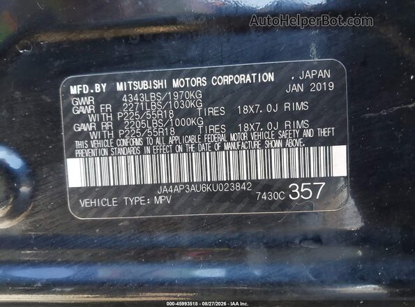JA4AP3AU6KU023842 2019 MITSUBISHI OUTLANDER SPORT Black ძრავის განყოფილების ხედი