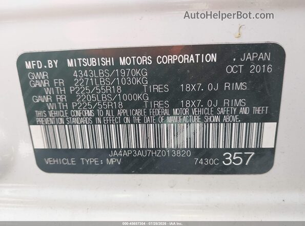JA4AP3AU7HZ013820 2017 MITSUBISHI OUTLANDER SPORT White Շարժիչի բաժամունքի տեսք