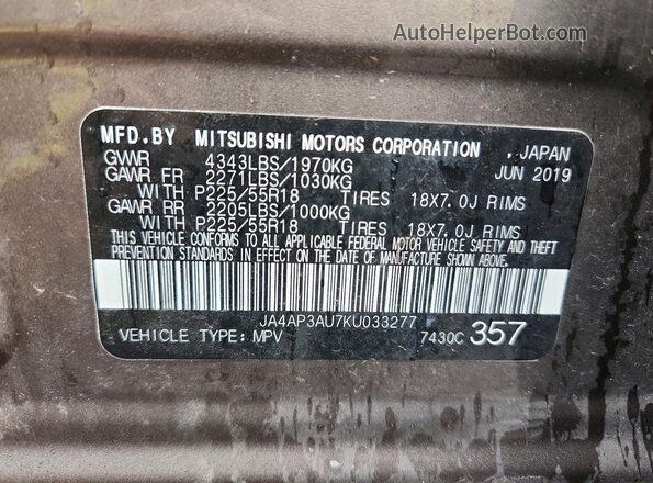 JA4AP3AU7KU033277 2019 MITSUBISHI OUTLANDER Gray VIN კოდის სტიკერის ხედი