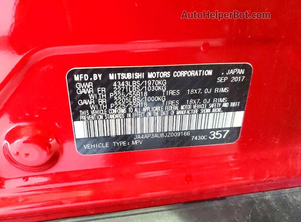 JA4AP3AU8JZ009166 2018 MITSUBISHI OUTLANDER Red Vista de la etiqueta del VIN