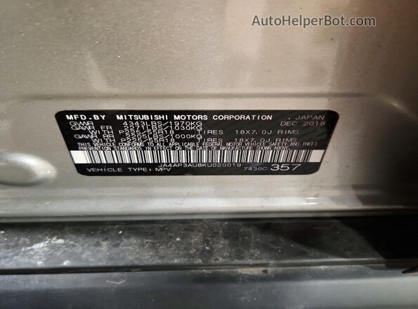 JA4AP3AU8KU020019 2019 MITSUBISHI OUTLANDER Silver Vista de la etiqueta del VIN