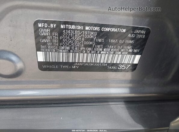 JA4AP3AU9KU001754 2019 MITSUBISHI OUTLANDER SPORT Gray Vista del compartimento del motor