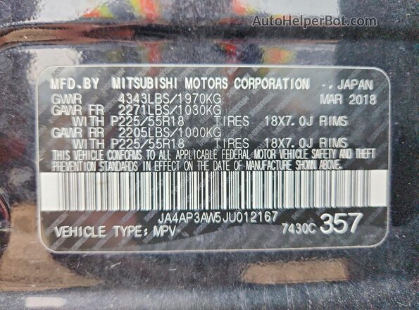 JA4AP3AW5JU012167 2018 MITSUBISHI OUTLANDER Black VIN კოდის სტიკერის ხედი