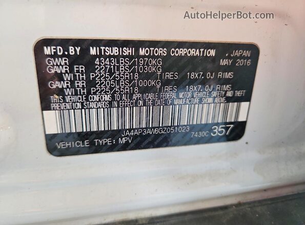JA4AP3AW6GZ051023 2016 MITSUBISHI OUTLANDER Белый Вид наклейки с VIN-кодом