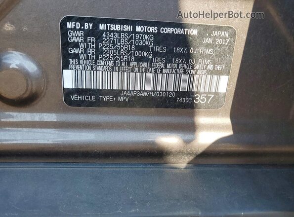 JA4AP3AW7HZ030120 2017 MITSUBISHI OUTLANDER Tan VIN კოდის სტიკერის ხედი