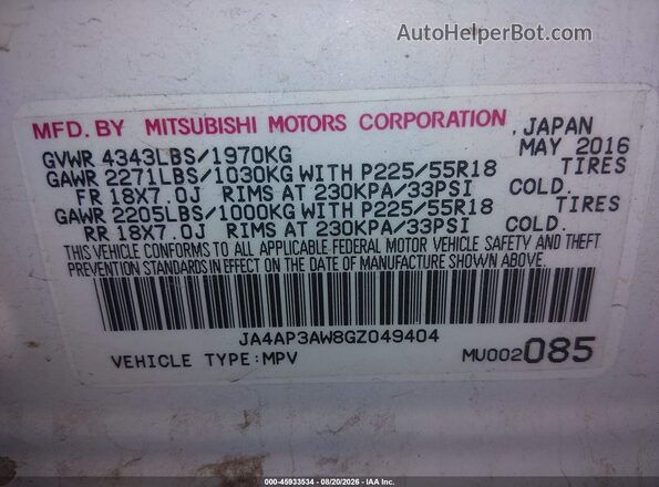 JA4AP3AW8GZ049404 2016 MITSUBISHI OUTLANDER SPORT White ძრავის განყოფილების ხედი