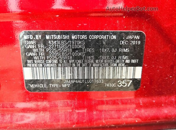 JA4AP4AU1LU017633 2020 MITSUBISHI OUTLANDER Red Vista interior de 360 grados