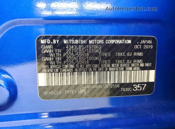 JA4AP4AU6LU012556 2020 MITSUBISHI OUTLANDER Blue Շարժիչի բաժամունքի տեսք