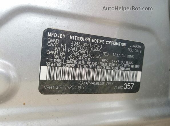 JA4AP4AU8LU017967 2020 MITSUBISHI OUTLANDER Серебряный Вид наклейки с VIN-кодом