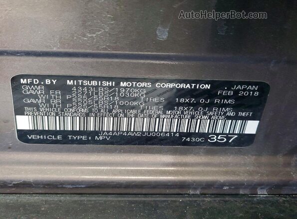 JA4AP4AW2JU006414 2018 MITSUBISHI OUTLANDER Gray Vista de la etiqueta del VIN